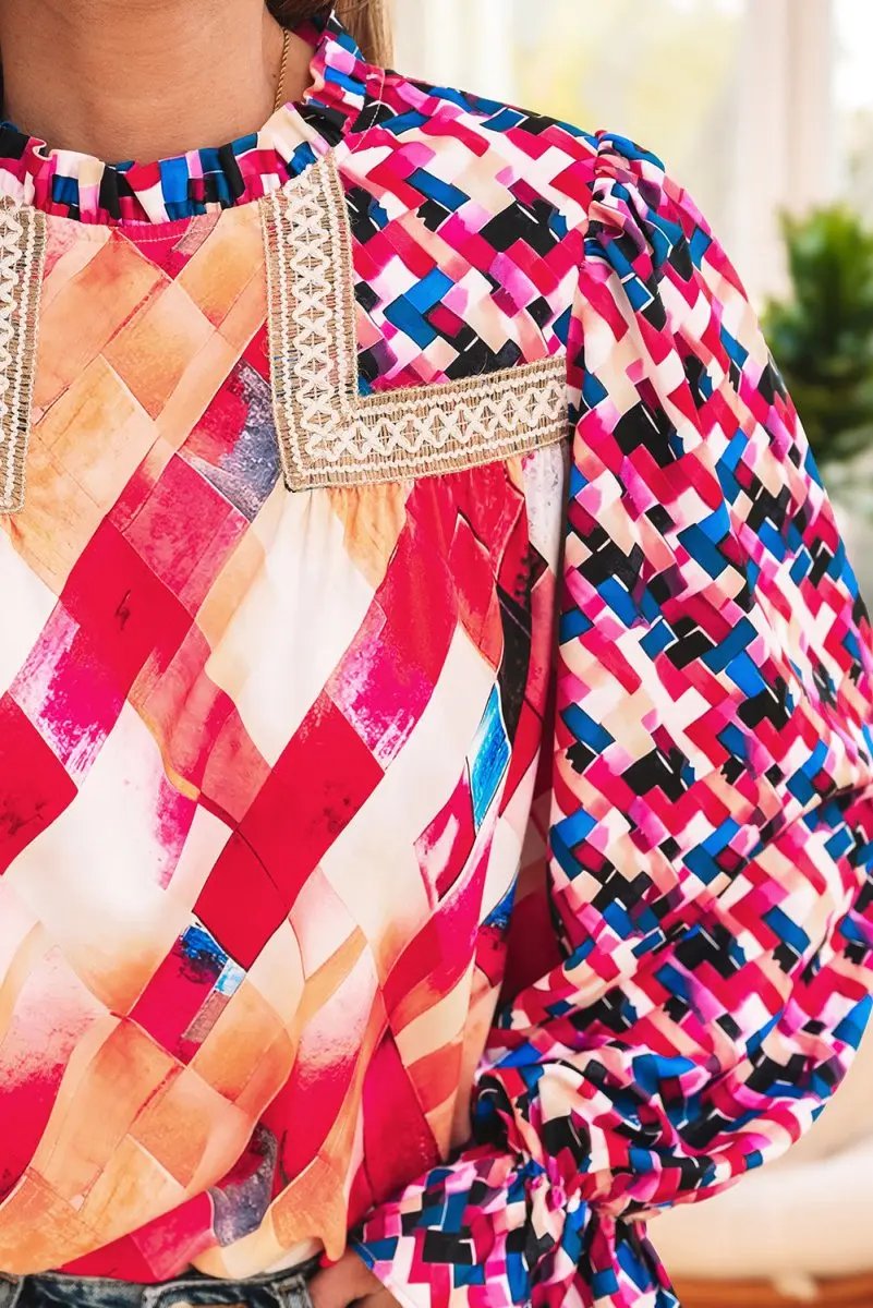 Rose Red Abstract Geometric Pattern Patchwork Puff Sleeve Blouse - Love Salve